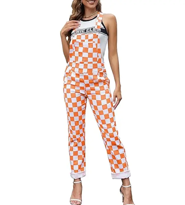ODEFOU Women's Sleeveless Plaid Bib Overalls - Slim-Fit Stretch Denim Workwear Jumpsuit, Orange and White Checkered Tennessee Football Game Day Essential, Cute, Buckle, All Seasons, Overalls For Women, Multiple Pockets, Elastic Stretch, Denim Cotton, Part