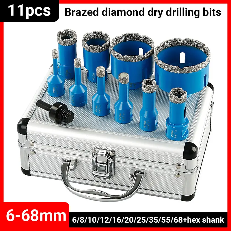 LOZLIN 11PCS 5-8-11 Thread Brazed Diamond Dry Drilling Bits Hole Saw Set For Ceramic Tile Porcelain Granite Marble Hole Opener Tool