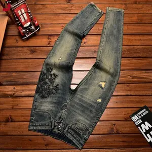 Men’s High-End Stretch Denim Jeans — Autumn/Winter Trend, Distressed (Hole & Patch), Light Luxury Print, Slim Fit