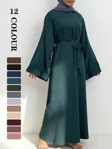 Muslim Modest Fashion Simple Nida High-Quality Long Sleeve Wide Sleeve Dress with Waist Belt, No Hijab Included, 12 Colors, 5 Sizes Available EID Ramadan Dress, Muslim Evening Dress