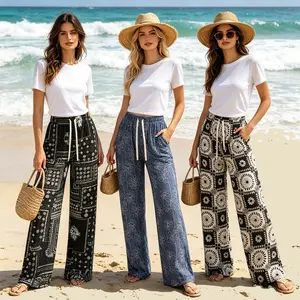 3pcs Women's Casual Wide Leg Sport Pants Breathable Lightweight Soft Fabric Bohemian Style Ideal for Beach Daily Wear & Summer Comfort Loose Fit Plus Size Loungewear