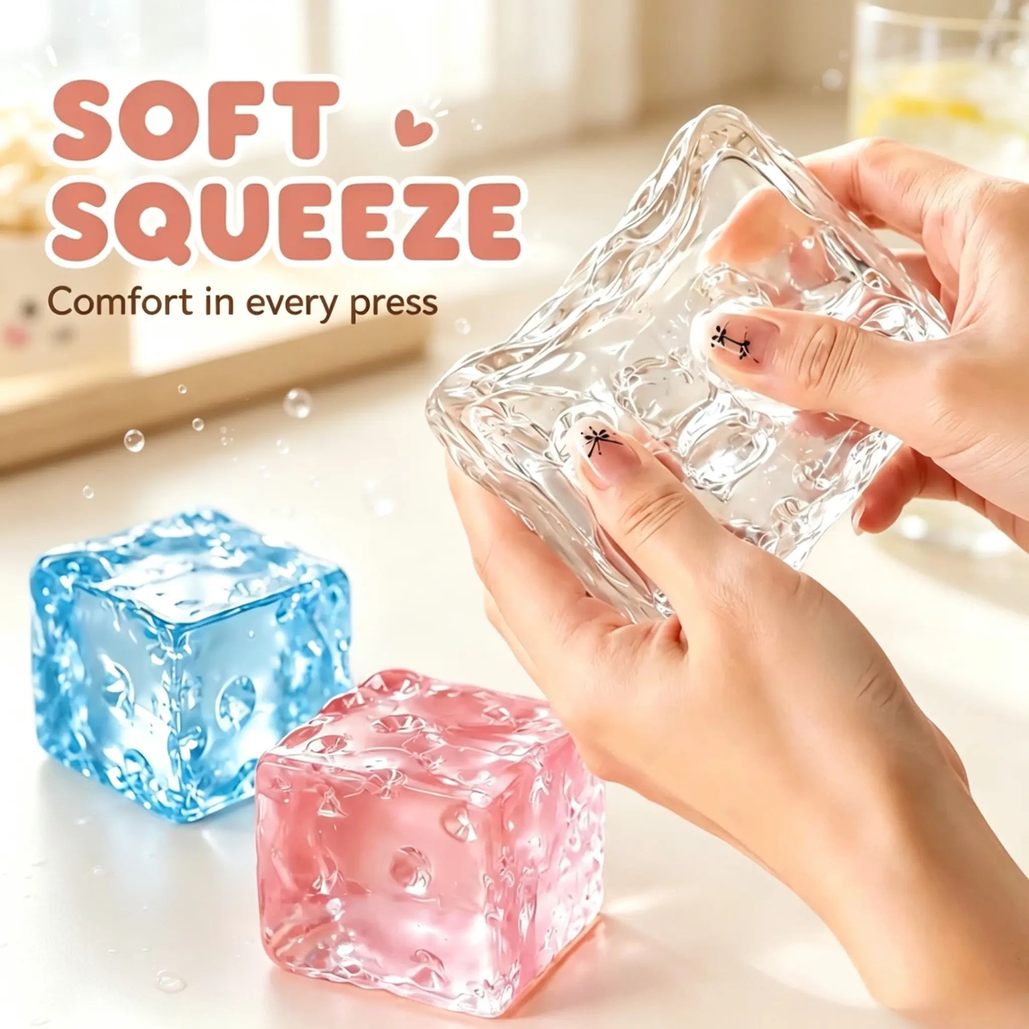 Transparent Ice Cube Squishy Toy, Clear Jelly Slow Rising Stress Relief Fidget Toy, Soft Squeeze Decompression Sensory Play Toy, Cute Hobby Party Favor Gift for Kids Adults, Vent Anxiety Relaxation Toy
