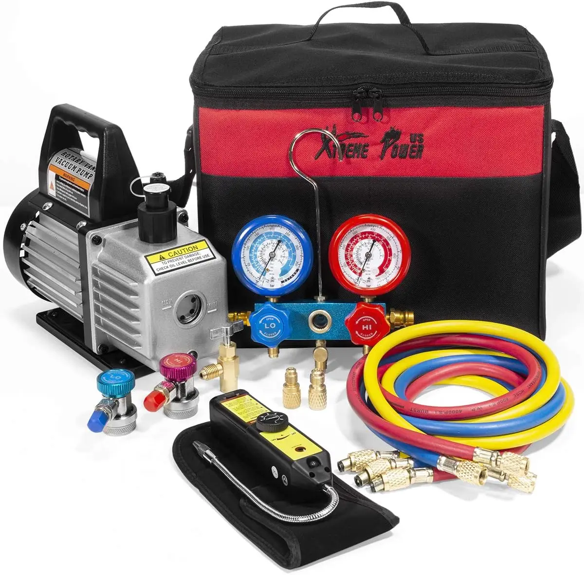 XtremepowerUS High-Performance 4CFM Aluminum Body Single-Stage Rotary Vane Automotive A/C Vacuum Pump - Manifold Gauge, Can Tap, Leak Detector, Carry Bag, HVAC Refrigerant Service Hand Tools for Deep Vac, Car Repair, Inspection, Home Repair Kit, Home Repa