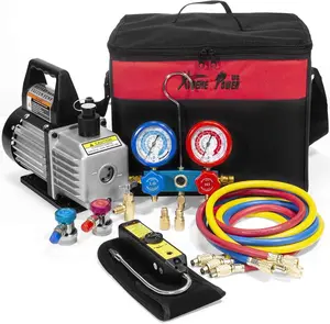 XtremepowerUS 4CFM Aluminum Body Vacuum Pump with A/C Manifold Gauge, Can Tap, Leak Detector & Carry Bag - Deep Evacuation Hardware Tools for HVAC Refrigerant Service, Car Repair