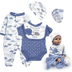 Reborn Baby Doll Clothes Boy 20-22 Inch Dolls Outfit 5 Pieces Set Casual Blue Theme Lightweight Cotton Outfit and Accessories