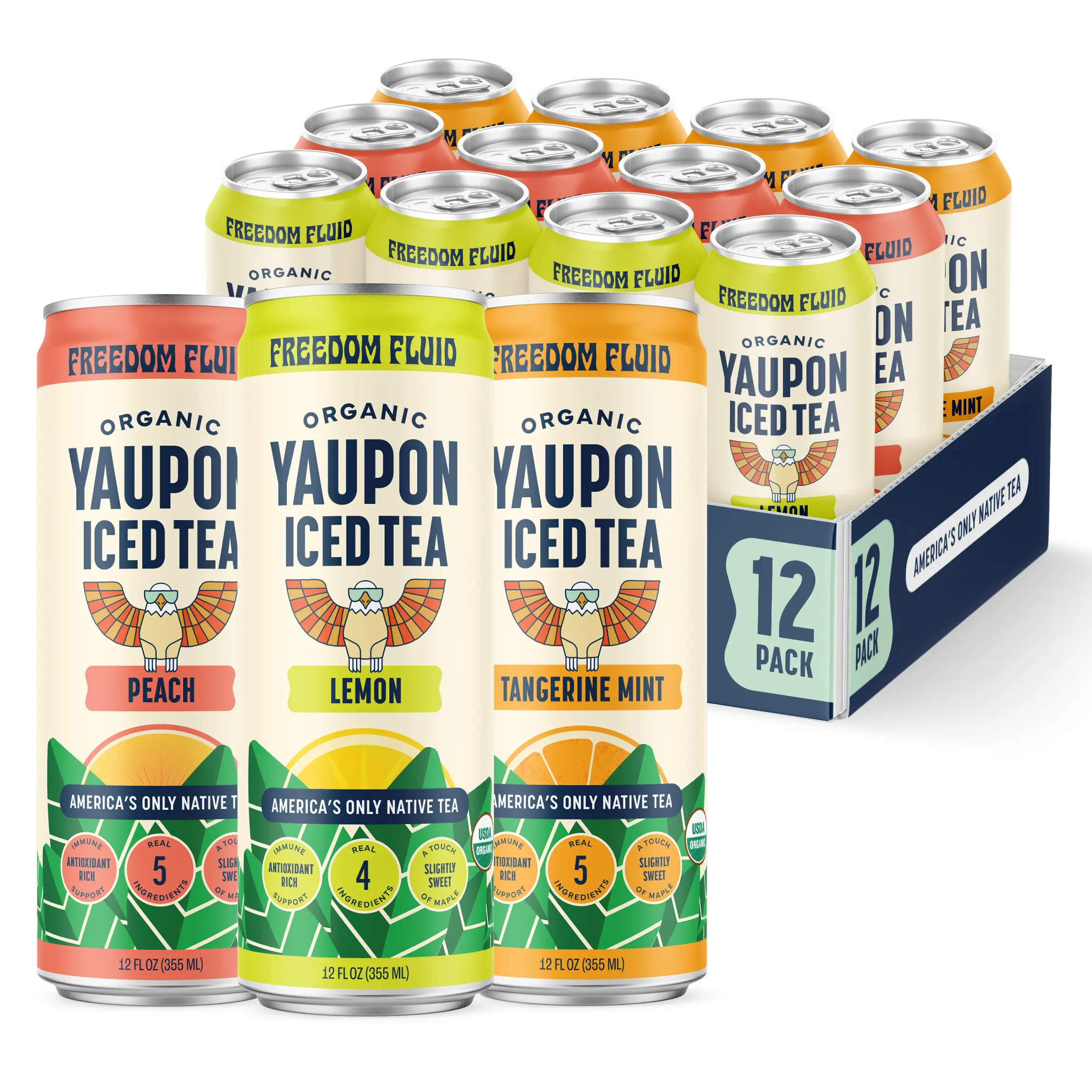 Freedom Fluid Organic Yaupon Iced Tea – Variety Pack (12 cans) – Refreshing & Slightly Sweetened American Yaupon Tea – Antioxidant Rich, Natural Caffeine, Low Calorie, Low Sugar, Only 5 Natural Ingredients