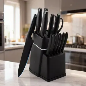 Kitchen Knife Set with Stand and Built-in Sharpener, Stainless Steel Knife Block Set, Dishwasher Safe, Black, 14-Piece or 3-Piece Set