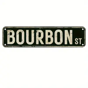 Vintage Bourbon Street Metal Wall Art Sign - Rustic 4*16 Inch Iron Wall Decor with Bold "BOURBON ST" Text, Durable Home Bar & for Man Cave Decoration