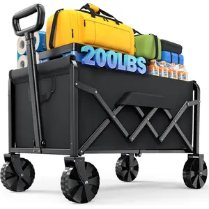 Collapsible Wagon with Wheels, Foldable  Wagon Carts with 200lbs Load Capacity, Utility Shopping Cart, Black, 28.0" x 17.0" x 36.0"