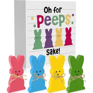 5Pcs Easter Bunny Wooden Décor, 4 Pcs Bunny with Funny Easter Bunny Wooden Box Sign, Oh for Peeps Gift Wood Rabbit Tiered Table Decor for Farmhouse Kitchen Bathroom Office Party Supplies