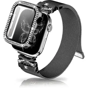 *WBA015-XLL Magnetic Band for Women Compatible with Apple Watch Band 38mm 40mm 41mm 42mm 44mm 45mm 46mm Milanese Stainless Steel Loop with Bling Protective Case, Dressy Metal Strap Replacement iWatch Band