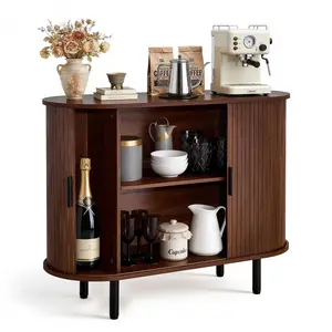 VEVOR Coffee Bar Cabinet, Mid Century Fluted Coffee Bar Table, Buffet Stand Cabinet with 2 Sliding Doors, Sideboard Buffet Station for Living Room, Entryway, Kitchen, 39.3 x 15.7 x 29.5 in, Walnut