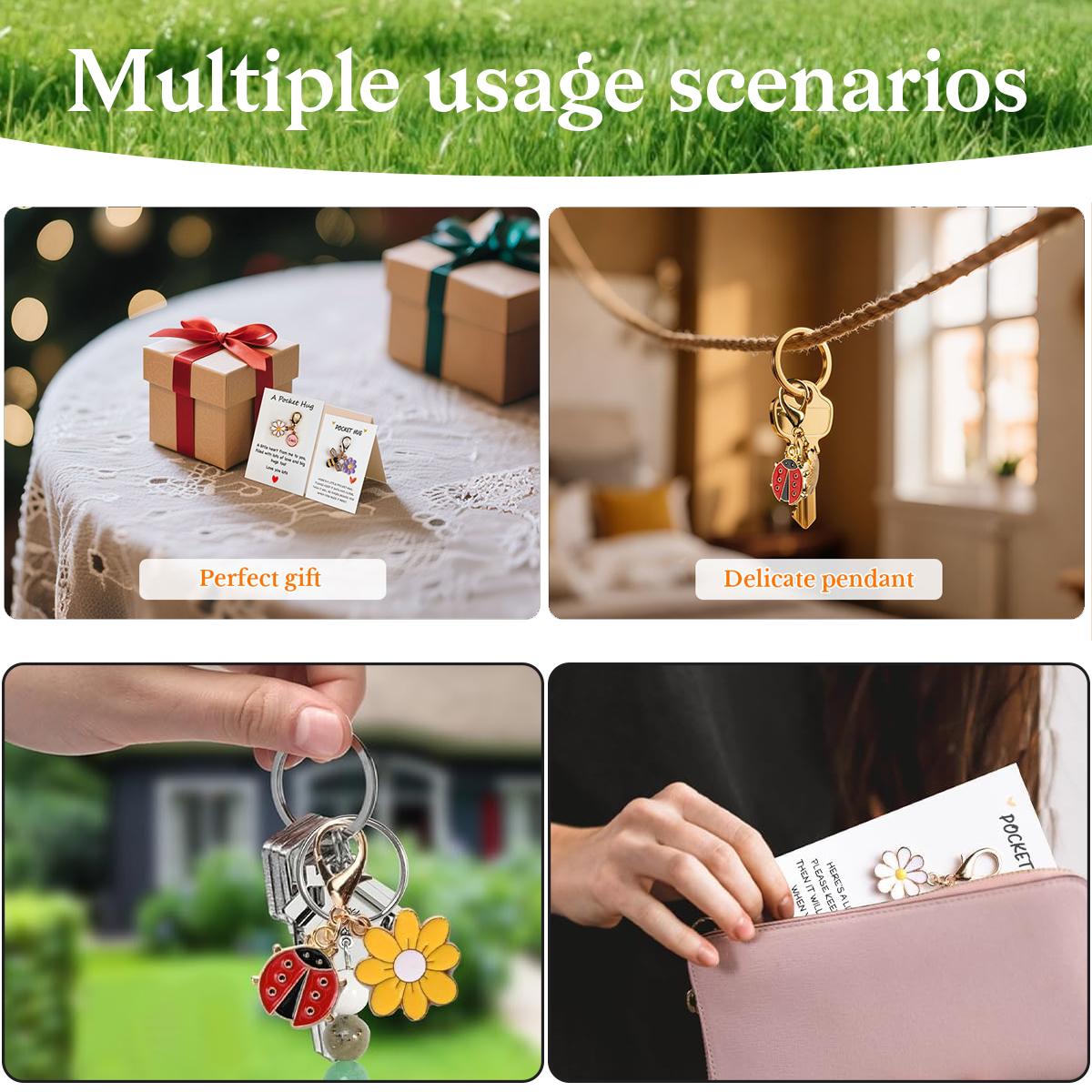 10PCS Pocket Hug Keychain Gift Set with Inspirational Cards – Cute Daisy Bee Butterfly Ladybug Encouragement Gifts for Friends, Family, Kids, Emotional Support Keepsake