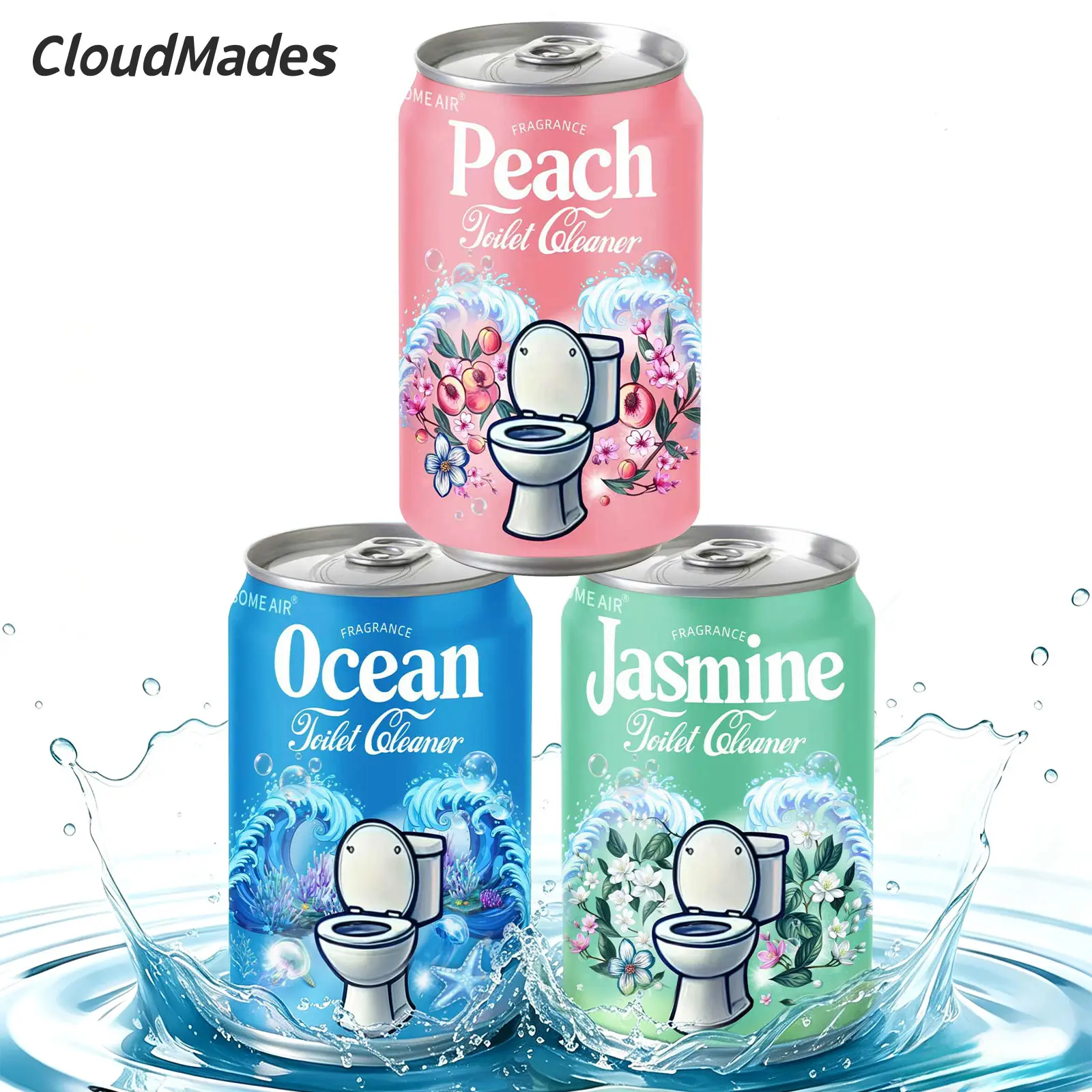 CloudMades Beverage Can Toilet Bowl Cleaner – Septic Safe Toilet Tablets in Bottle, 3 Scents (Ocean, Jasmine, Peach), Automatic Long-Lasting Toilet Cleaner, Powerful Stain Remover & Deodorizer