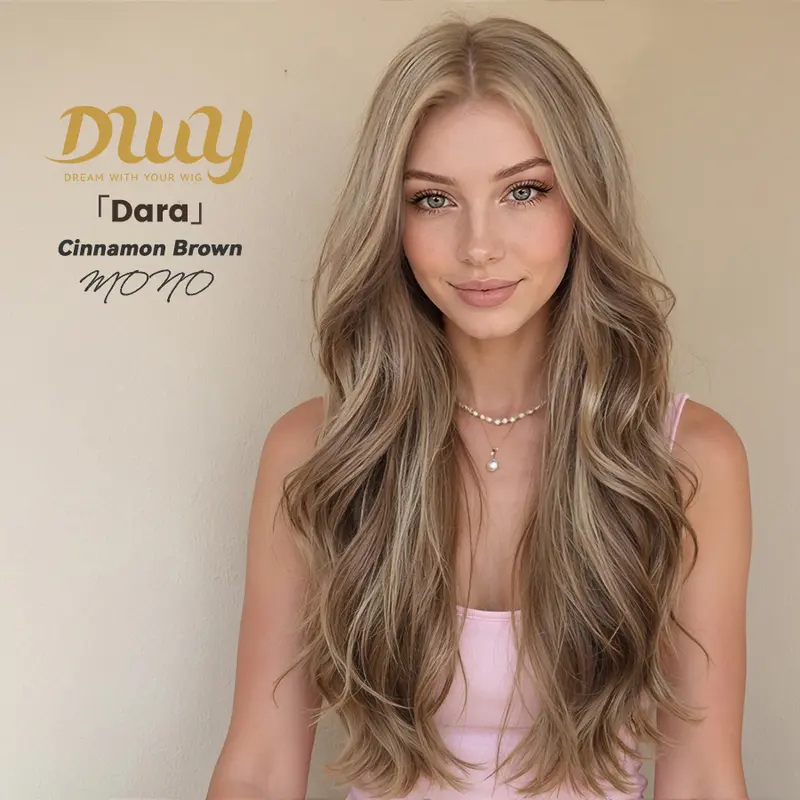 Dara - DWY 【Upgraded Mono Cap】 Free Part Long-Length Wavy Cinnamon Brown Glueless Synthetic Wig for Women 28 Inches Autumn Outfits Blonde Wigs Curly Wavy Blonde