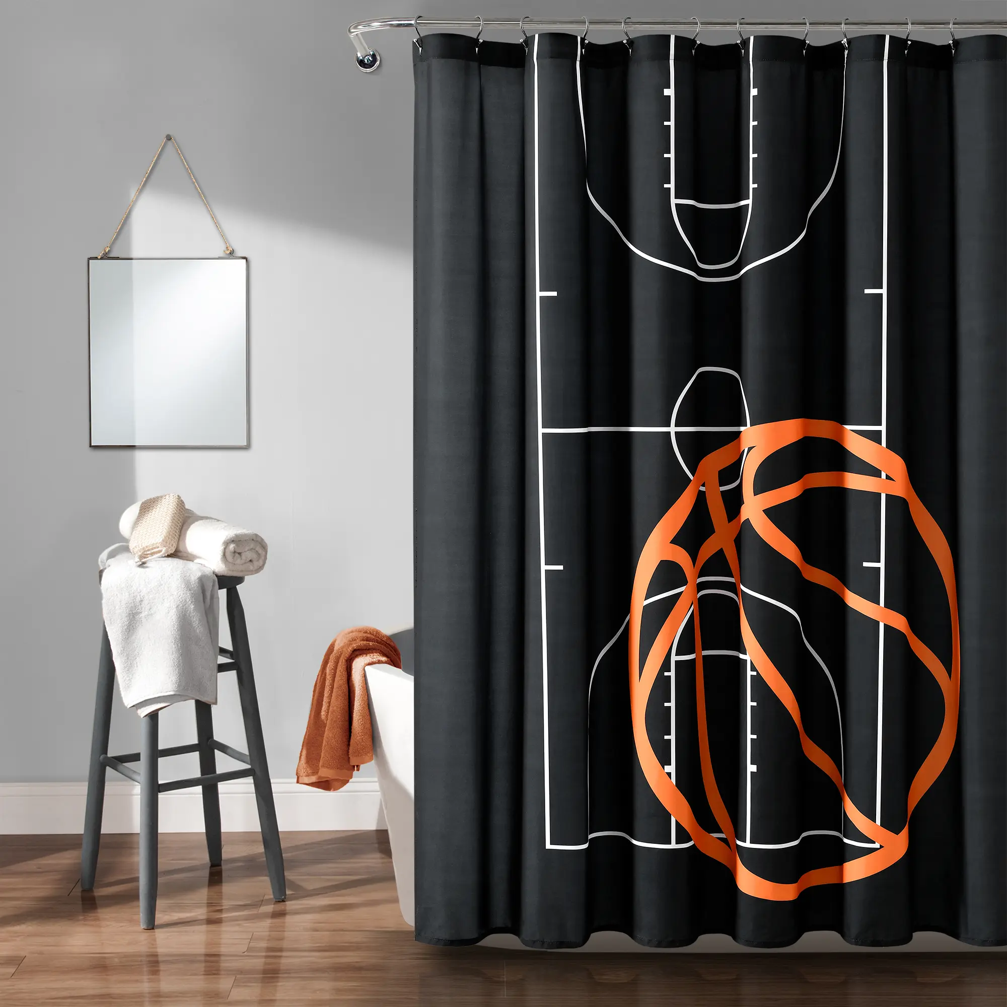 Lush Decor Basketball Game Print Decorative Shower Curtain - Black/Orange, 72x72in Microfiber, Star Accent, Easy Care, Simple Installation, for Bathroom Decorations (Home & Bathroom Supplies), Shower Curtains, All Over Print Shower Curtains