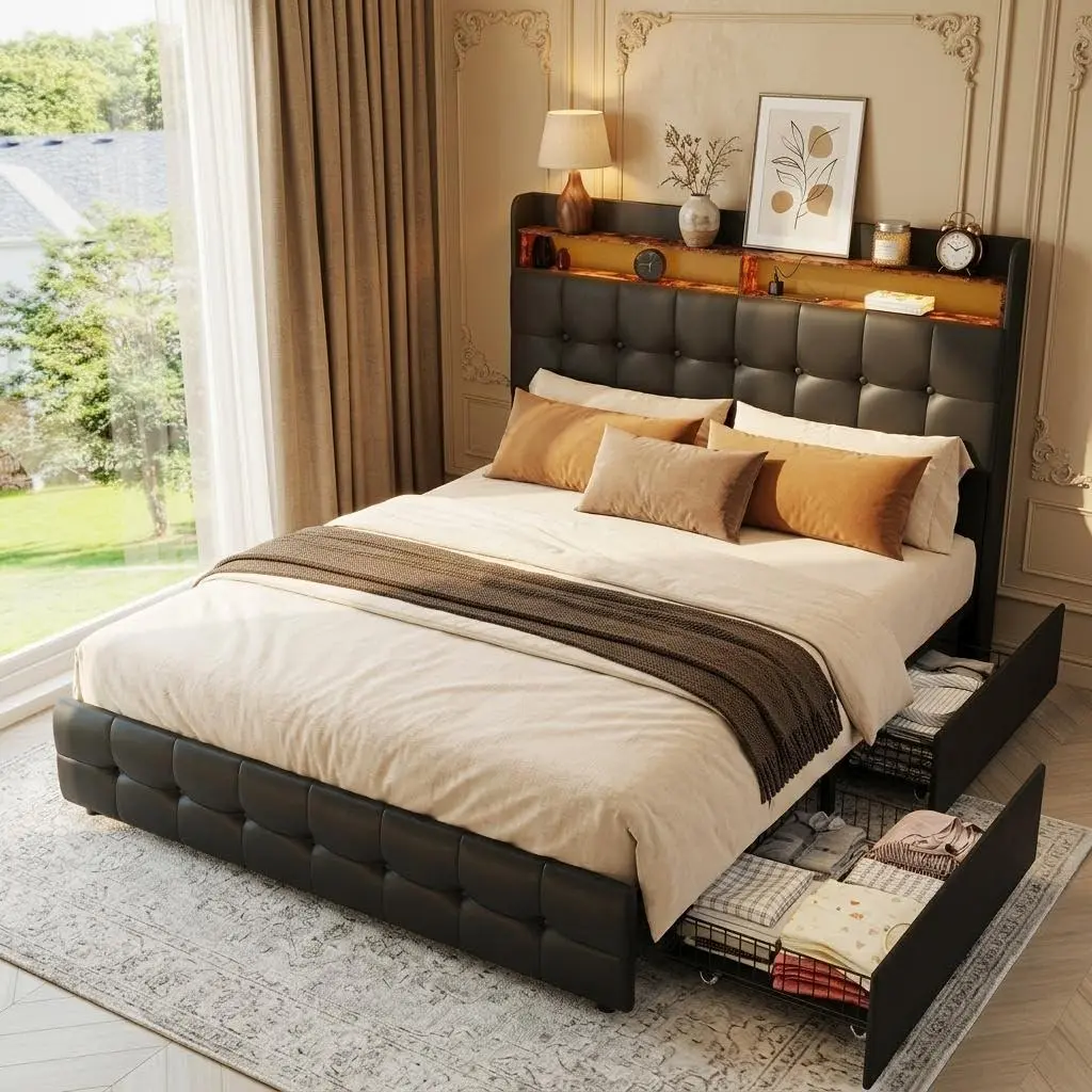 Garvee Full Size Upholstered Bed Frame Fabric with Storage Drawers and LED Lights, Headboard and Frame f