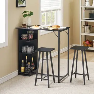 Small Bar Table and Chairs Set for 2, 3-Piece Bar Table Set with 3 Tier Storage Shelves, Space Saving Table for Small Apartment,Kitchen,Black