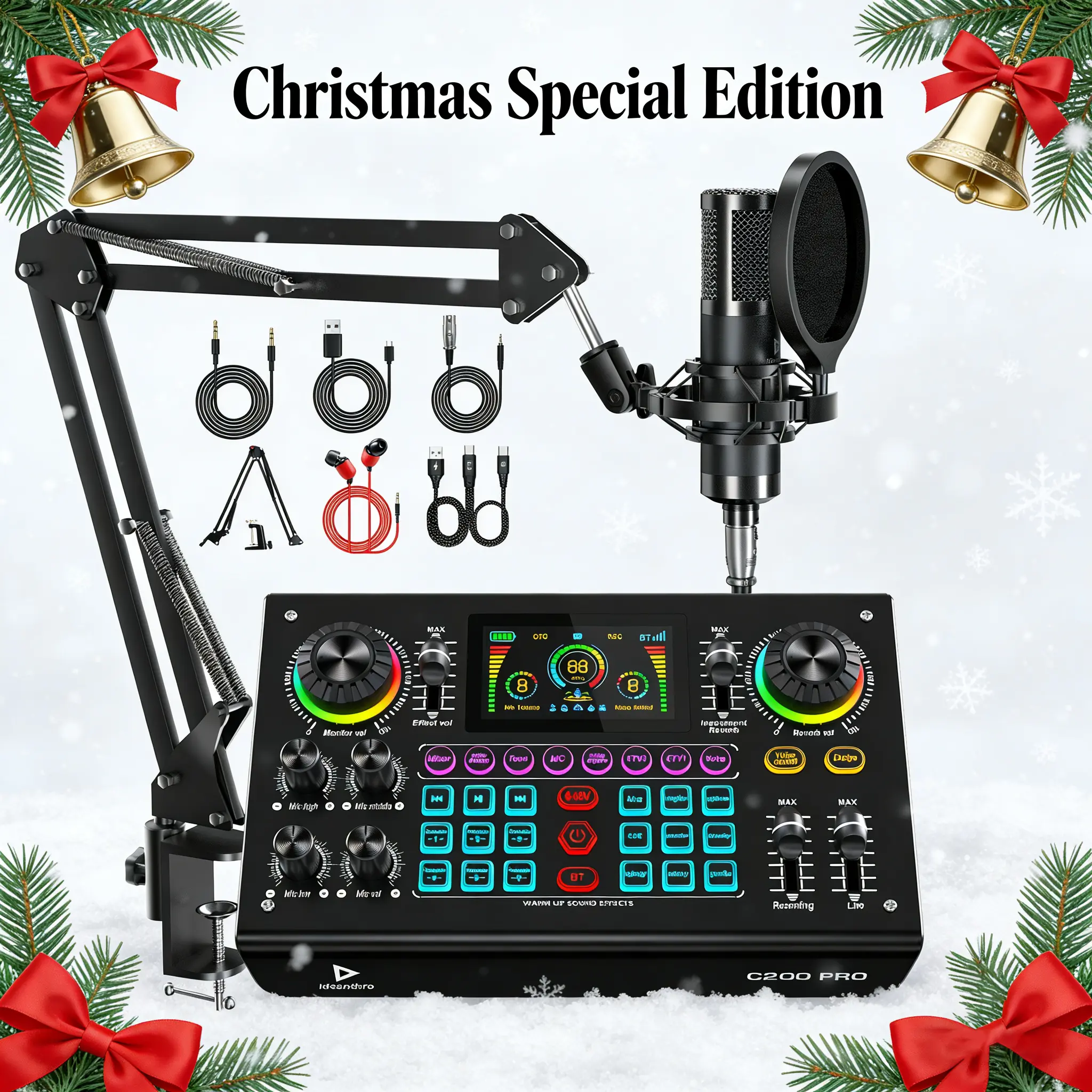 Ideanthro C200PRO-P15 Digital DSP Chip Sound Card USB Audio Mixer Kit - Dual-Mic, Dual-Headphones Support, Live Voice Changing, Enhanced Audio Quality, Indoor Streaming Use, TikTok Shop Black Friday Deal, Adjustable