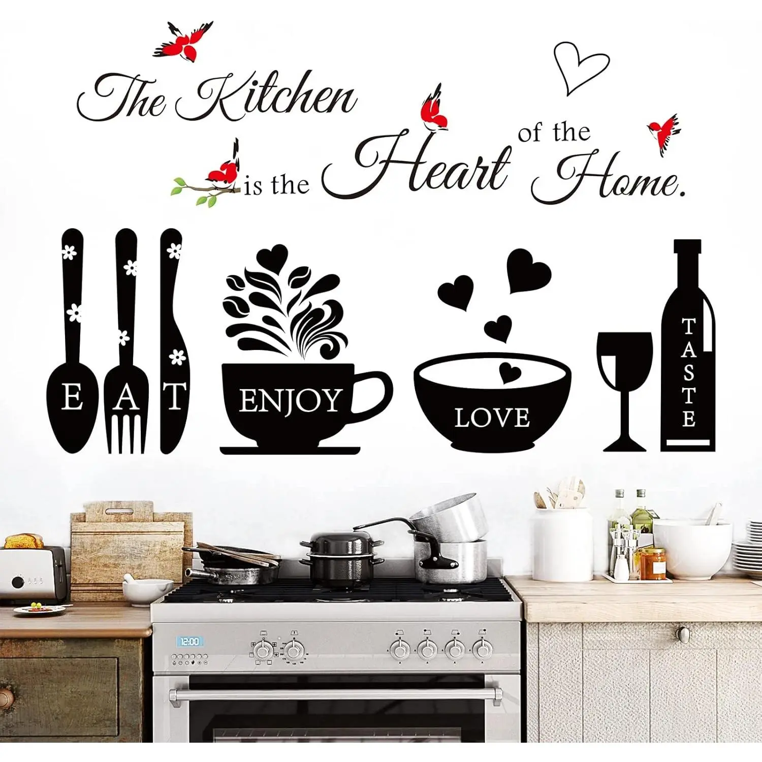 Decorative Removable Kitchen Wall Stickers - Utensil Art, "The Heart of The Home" Quote Sign Tiles Stickers for Home Dining Room, Smooth