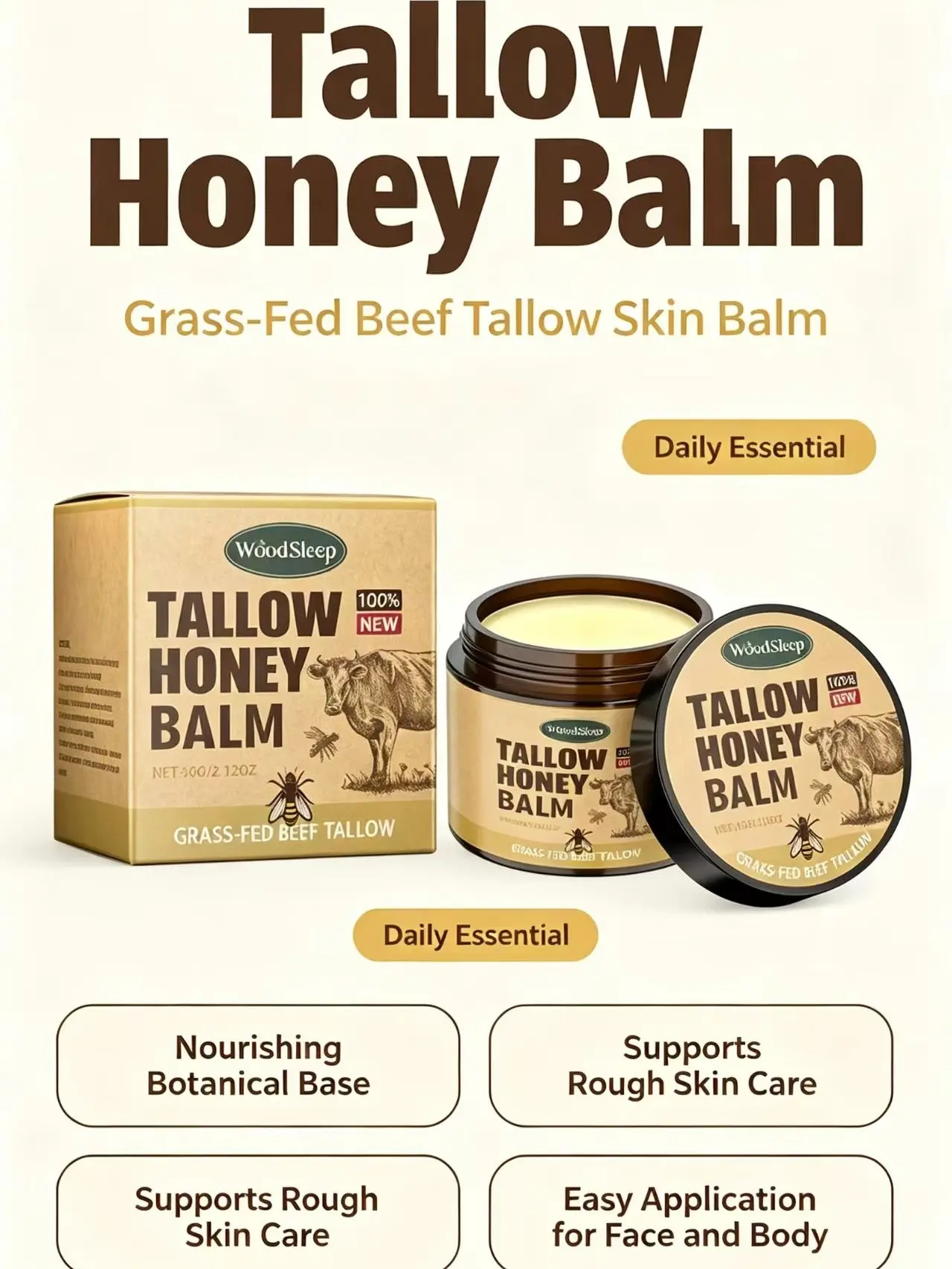 Grass Fed Beef Tallow Honey Beeswax Balm, Natural Face & Body Moisturizer, Daily Hydration Body Care Cream for Dry Rough Skin