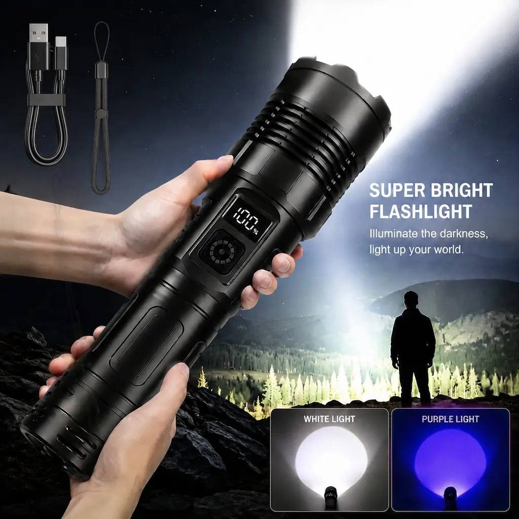 High intensity flashlight, high lumen flashlight, rechargeable power bank flashlight, giant flashlight, equipped with data cable and new hanging rope flashlight, holiday gift