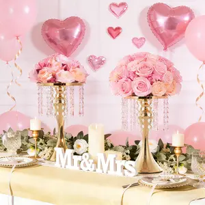 10.2" Gold Centerpiece Stands for Tables, Metal & Crystal Floral Vase Holders, Elegant Wedding & Party Decor, Reception & Anniversary Centerpieces
