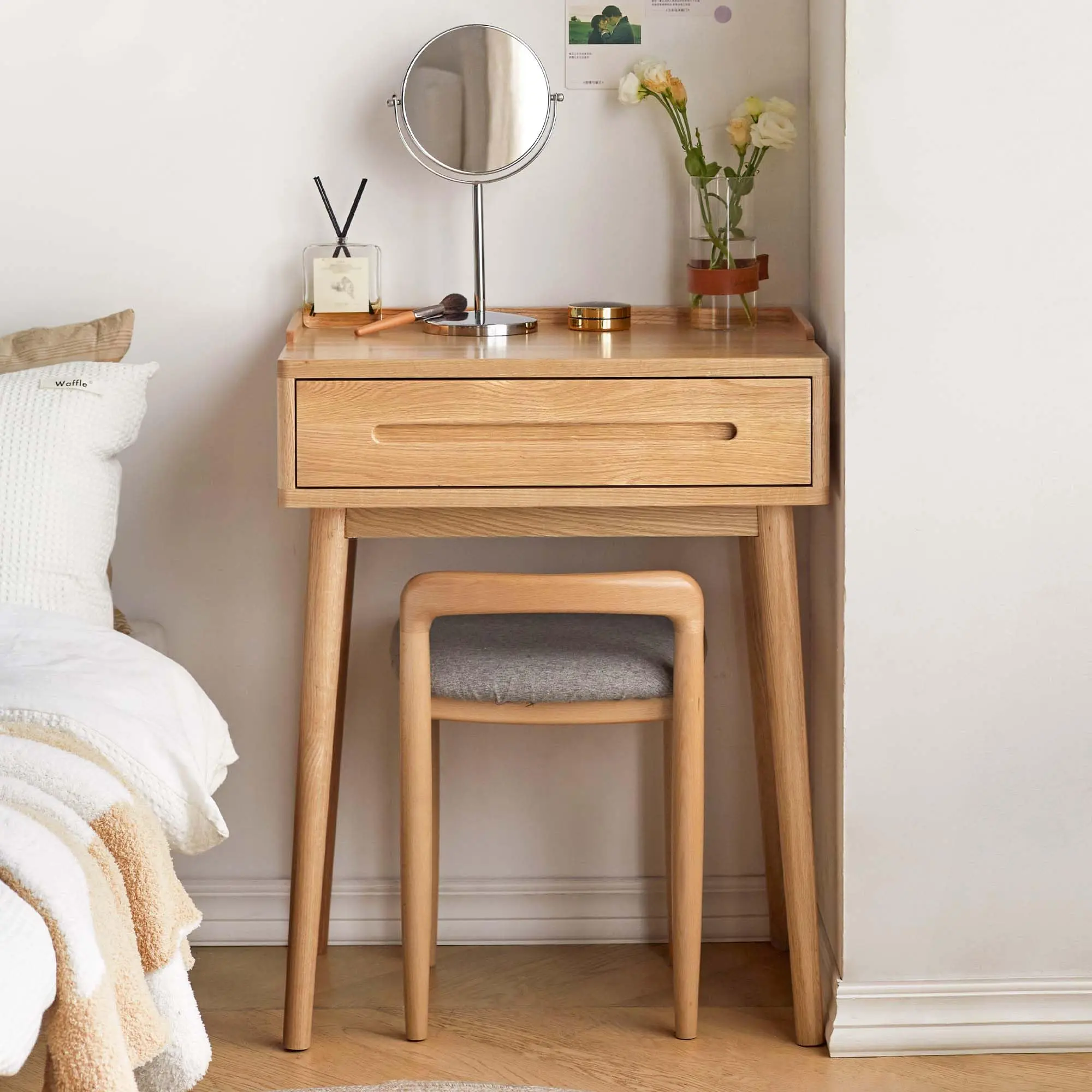 YESWOOD Solid Wood Desk with Drawer, Wood Vanity Table, Writing Desk, Modern Nightstand with Wooden Legs, Oak Side Table for Small Space, 30.7" H Tall Night Stand for Bedroom, Dorm