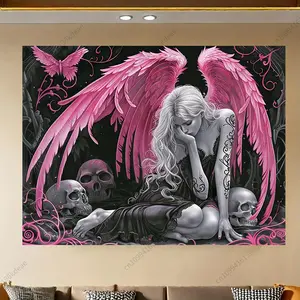 60in x 40in  home decor banner Fantasy Tapestry Gothic Pink Winged Angel Wall Art Decor Dark Fantasy Skull Aesthetic Room Decor Bedroom Backdrop Cloth Tapestry funny hanging poster fan bedroom living room gift