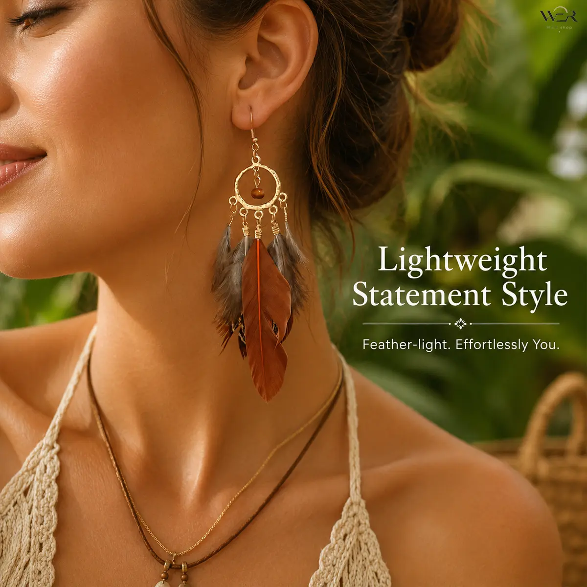 Bohemian Dangle Earrings with Layered Feathers for Women, Lightweight Female Costume Jewelry on Gold-Tone Hoops, Elegant Gift Idea, Colorful Charm Earrings, Ethnic, Feathered Accent Earrings