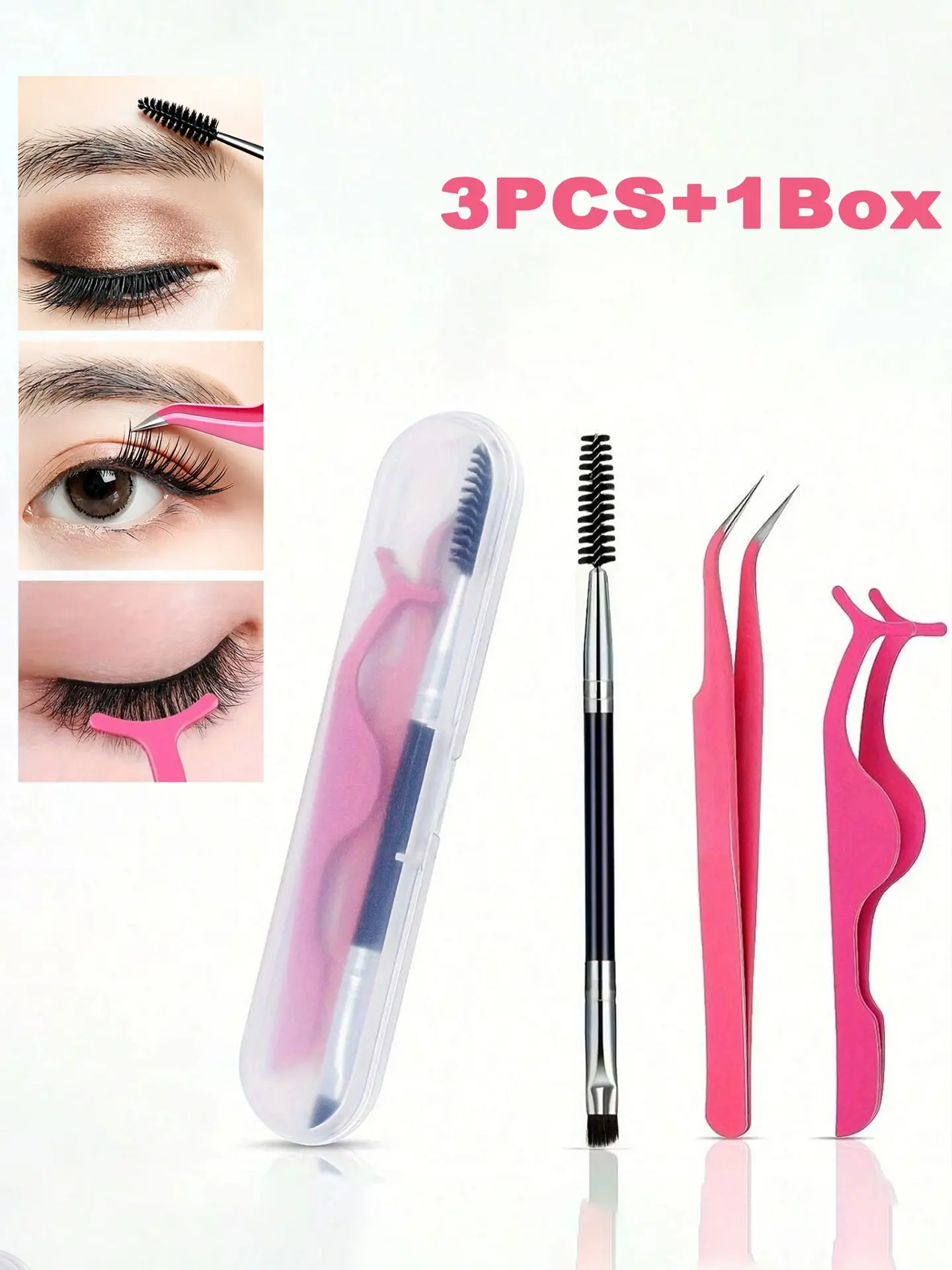 3PCS Eyelash Tweezers and Eyebrow Brush Set with Storage Box, False Lash Applicator Tools, Precision Lash Tweezers and Spoolie Brush for Makeup, Eyelash Extensions, Daily Beauty Routines and Travel