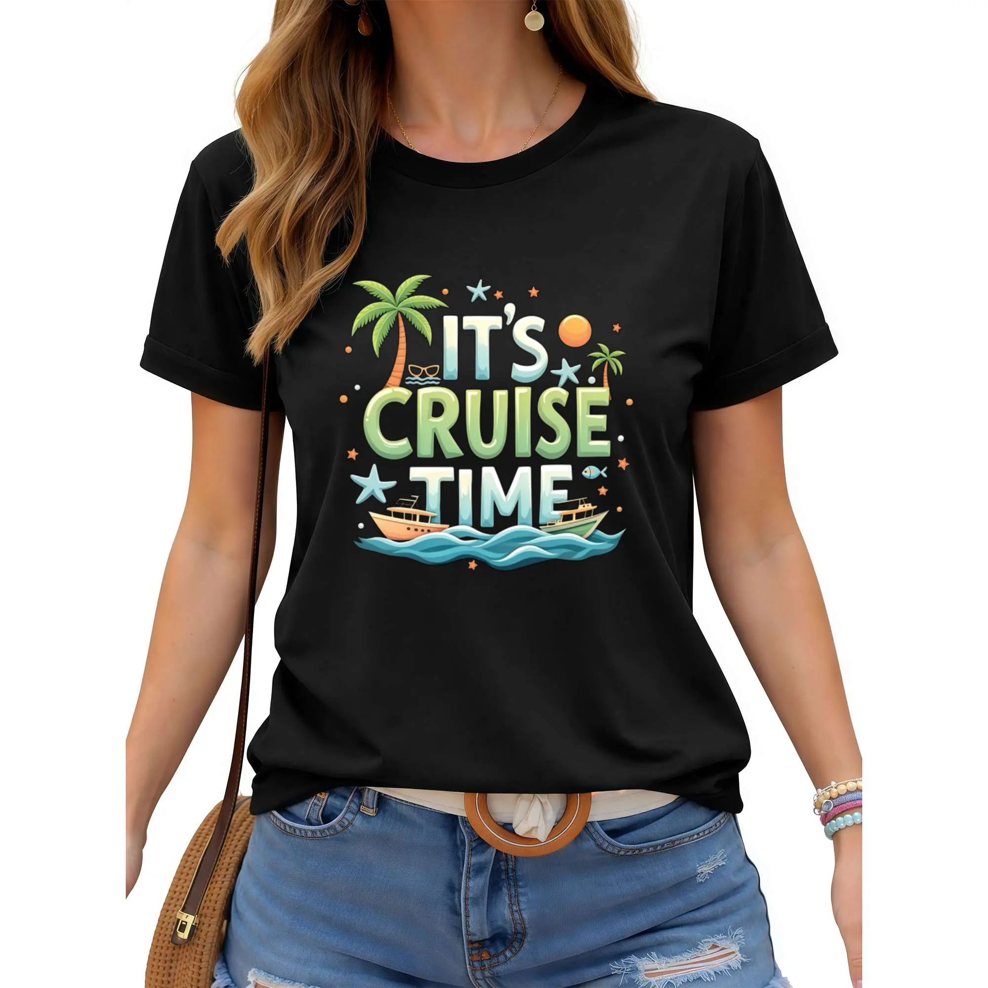 Its Cruise Time Tropical Palm Tree Boat Summer Vacation T-Shirt For Women Unisex Casual Wear Beach Holiday Travel Gift,