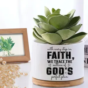 "Faith In God's Plan" Religious Ceramic Succulent Planter with Bamboo Tray - Aesthetic Faith White Mini Pot with Hearts - Christian Decorative Flower Pot for Shelf & Tabletop