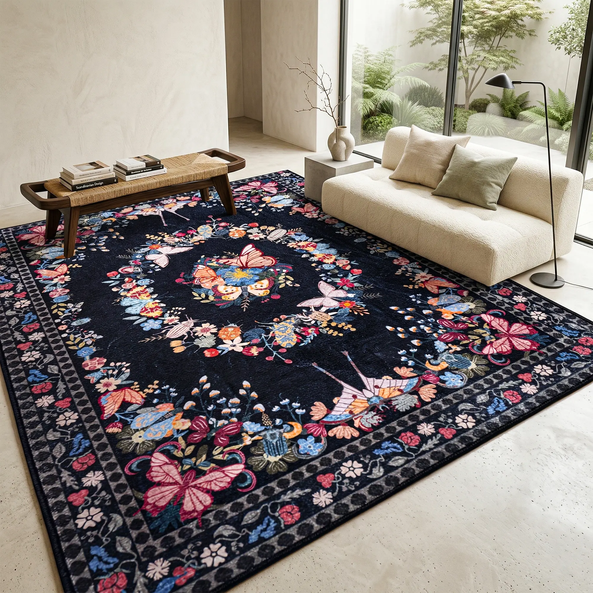 BLIOWL Little Butterfly Black Boho Area Rug, Vintage Persian Floral Print Carpet, Non-Slip Large Floor Mat for Living Room Bedroom, Retro Bohemian Home Decor, Dry Clean Recommended Decorative Rug Polyester Rug
