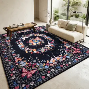 BLIOWL Little Butterfly Black Boho Area Rug, Vintage Persian Floral Print Carpet, Non-Slip Large Floor Mat for Living Room Bedroom, Retro Bohemian Home Decor, Dry Clean Recommended