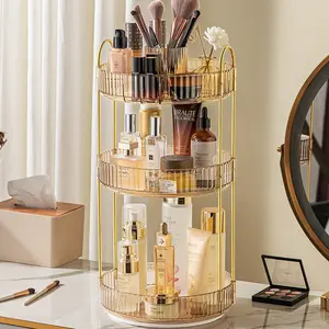 Rotating Makeup Carousel - Gold Accent Cosmetic Organizer with Multi-Tier Trays for Perfumes, Skincare & Brushes | Vanity Desktop Display Cosmetics Organizer Storage