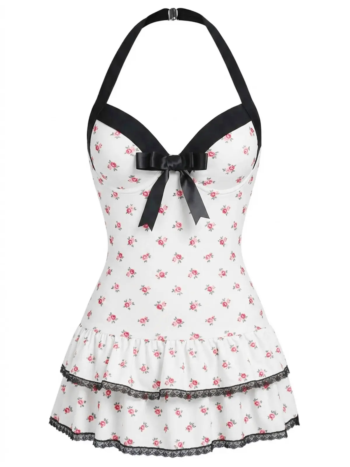 RETRO STAGE Women's 1940s Beige Halter Polka Dot 1-Piece Swimsuit, Backless Bathing Suit with Ruffled Hem, Dainty Bow & Vintage Charm, Comfortable Fit, One Piece Swimsuits
