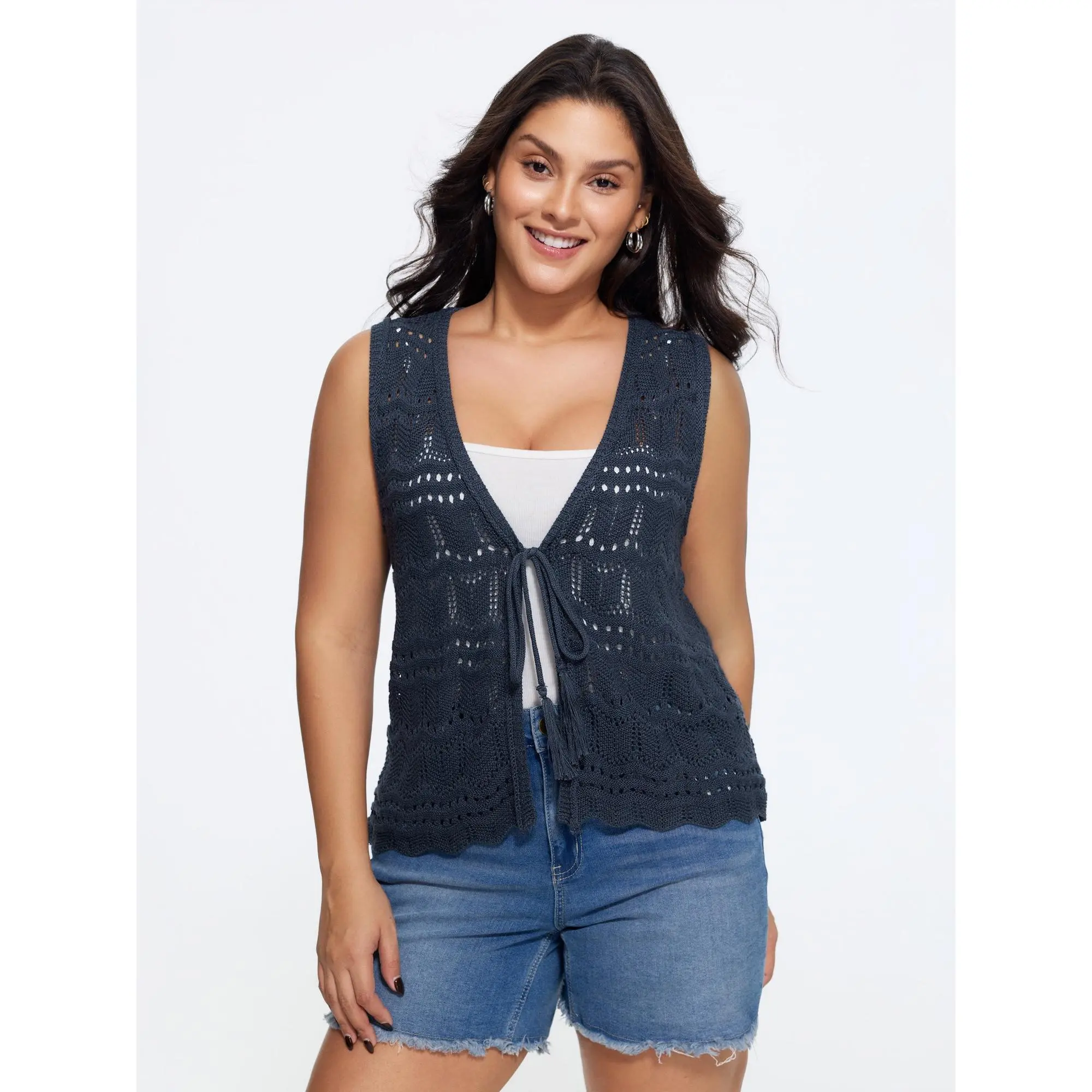 BloomChic Plus Size Cable Knit Sweater Vest, Cropped Cotton Blend Casual Top with a Lace-Up Front and Scalloped Hem, Tops, Fabric, Garment, Sleeveless, Lady, Women, Knit Vest, Flat, Basic, Plus Size Tops