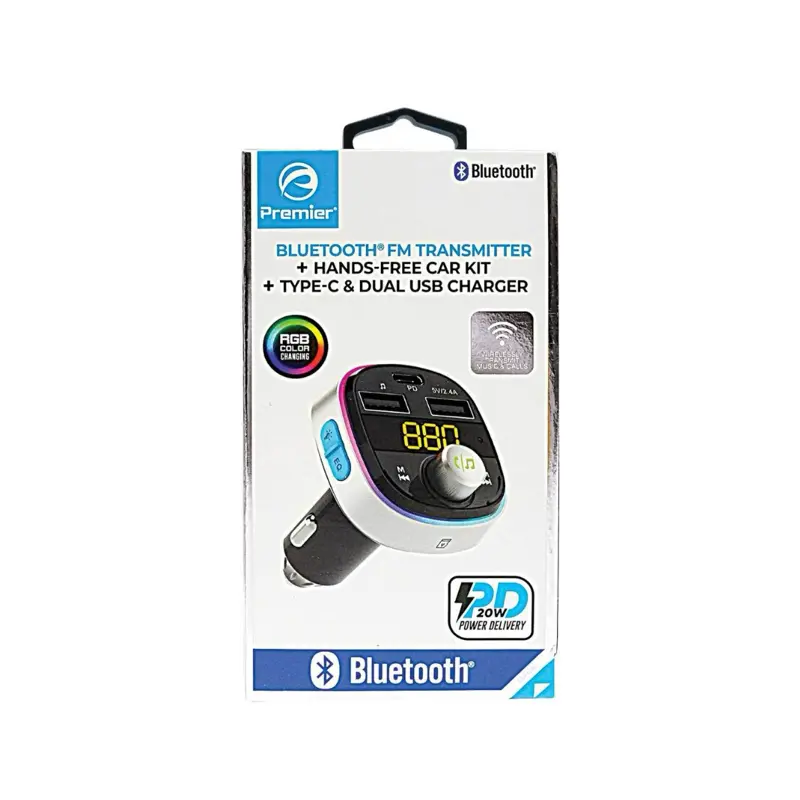 Premier Bluetooth FM Transmitter with RGB Sniper Display & Type C USB Charger for Hands-Free Car Kit