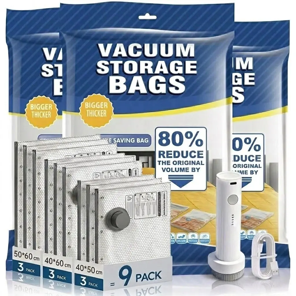 15-Piece Rechargeable Battery Vacuum Storage Bag Set with Air Pump, Carry-On Reusable Organiser Bags for Luggage, Stain-and-Odor Resistant Space-Savers for Clothing