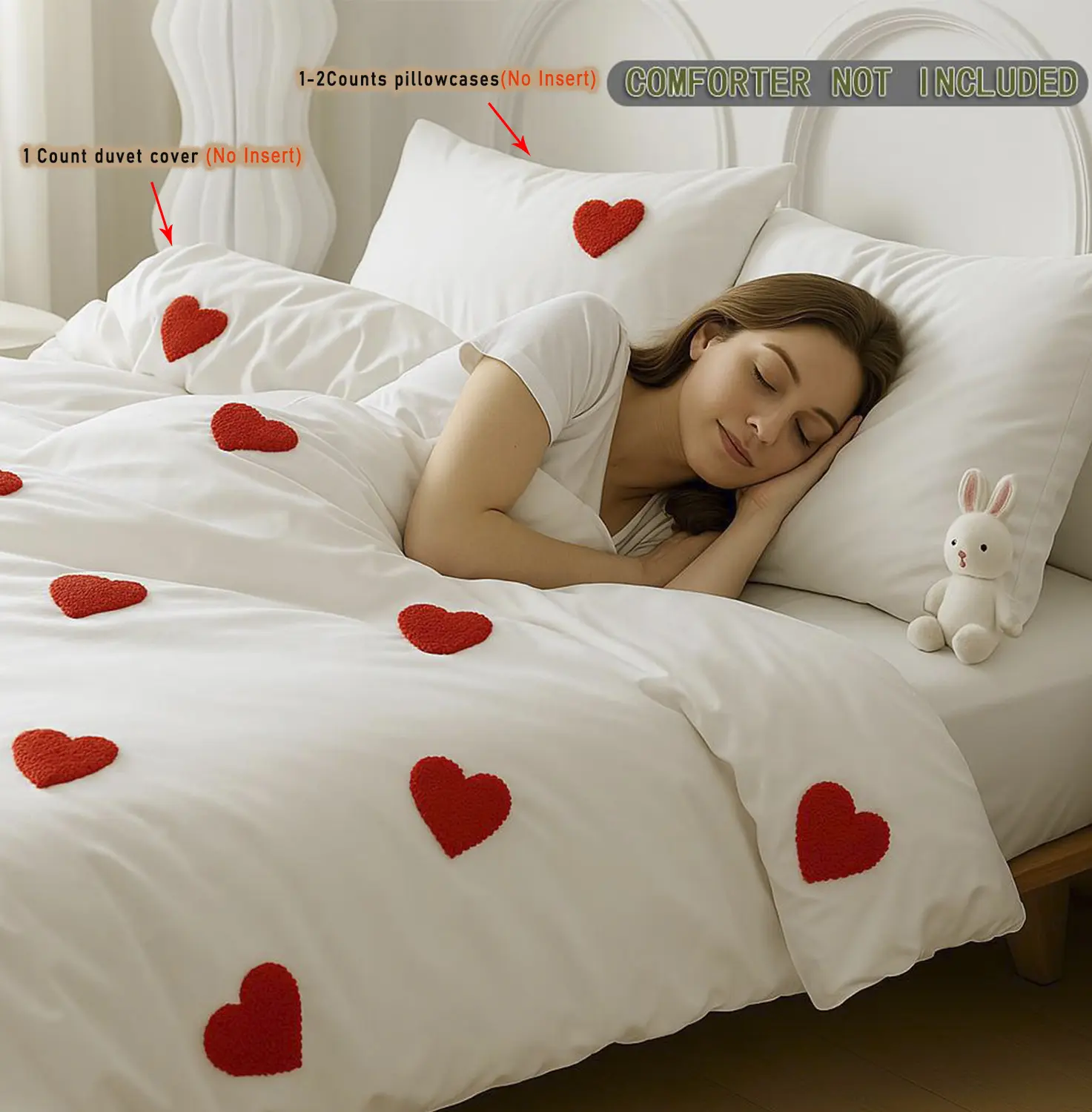Love Embroidered Duvet Cover Set (No Filling)，Includes 1 Duvet Cover with Zipper Closure & 1-2 Pillow cases, Soft & Breathable Comforter Cover, Cozy Cottagecore Bedroom Decor for Women & Couples, Machine Washable