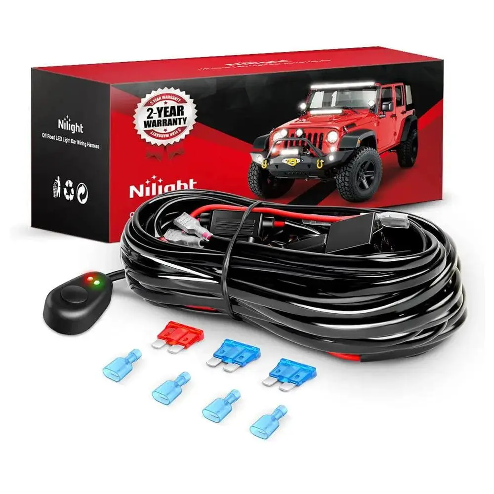 Nilight 16AWG Copper Heavy-Duty Wiring Harness Kit with High-Quality PVC - 2 Leads, 12V Mouse Style Switch, 3 Fuses, 4 Spade Connectors, Metal Construction for Cars, Pick-Up, Bus
