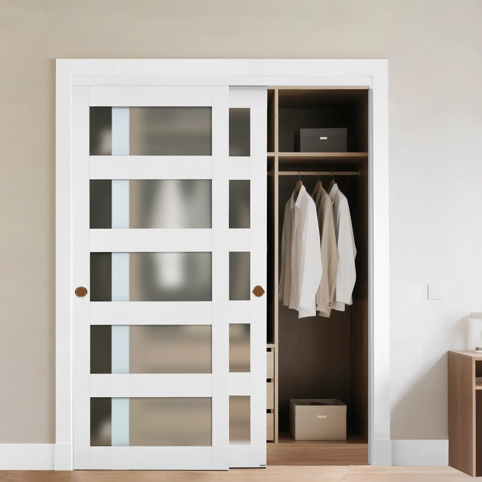 【Summerfinds】VEVOR Double Door Design Sliding Closet, 60x80in & 78.19x31x0.87in 5-Lite Frosted Glass, 84.9 lbs Hardware Kit, Floor Guide, Modern Wood-MDF Slab, Waterproof Wipe Clean PVC Surface, Lockable Doors for Closets, Bedrooms