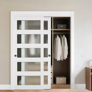 VEVOR Sliding Closet Door, 60" (Double 31") x 80", 5-Lite Frosted Glass Bypass Sliding Doors with Hardware Kit & Floor Guide, Solid Wood & MDF Slab with Water-Proof PVC Surface for Closets Bedrooms