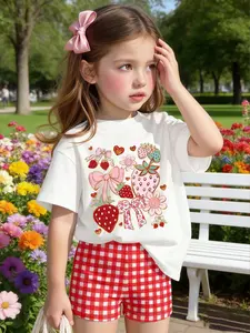 Sweet Romantic Strawberry Bow Plaid Print Set, Summer Girls Casual, 2 Piece Girl T-Shirt and Tight Shorts, Spring Summer Daily Wear