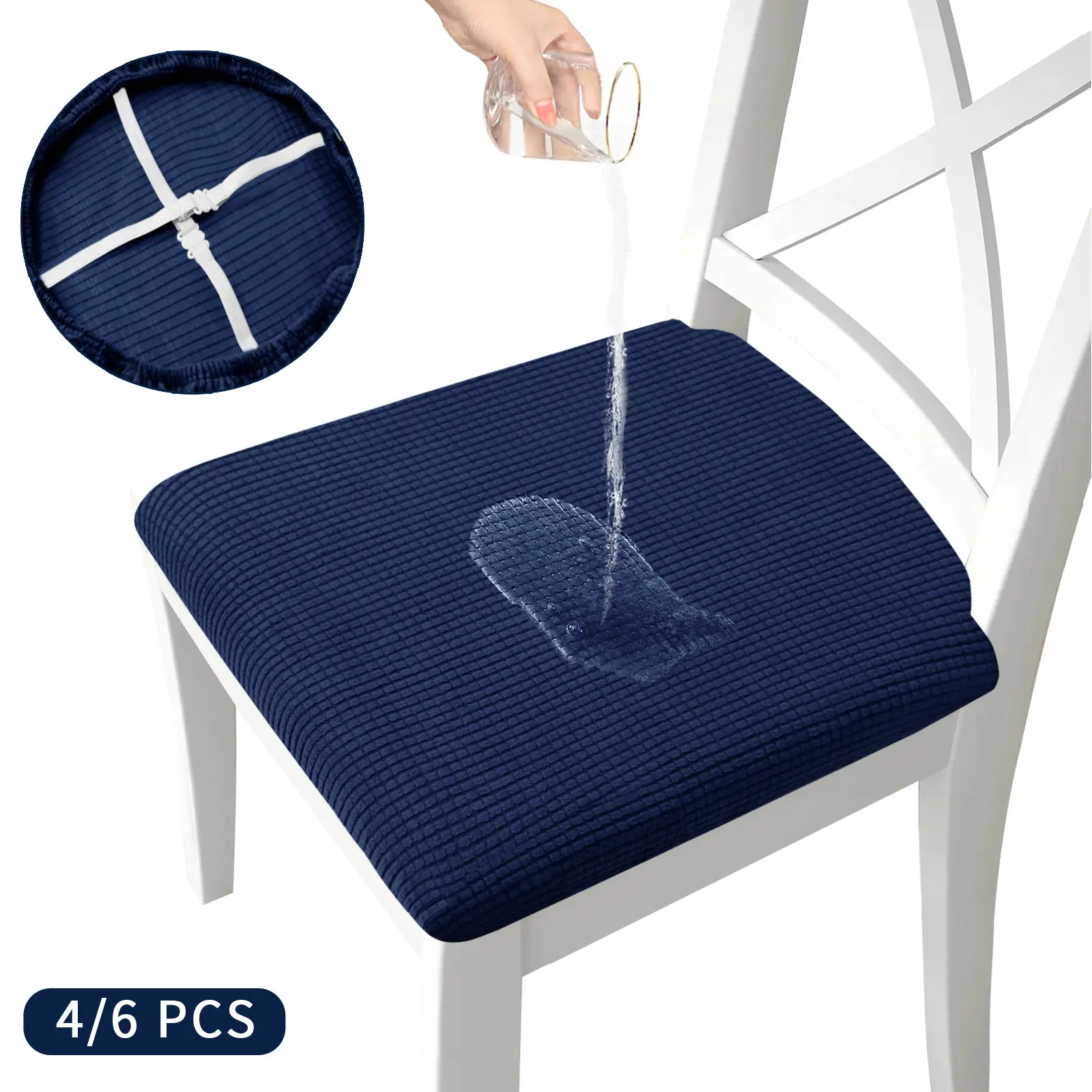 Easy-Going Waterproof Seat Covers (4/6 Pcs) with Elastic Ties - Elastic Edges Stay Put, Jacquard Top with Refined Style & Sleek Look, Detachable Washable Indoor Use Chair Cushion Protectors for Dining/Office
