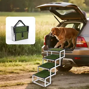 Dog Ramp for Car, Four-Steps Folding Pet Stairs for Truck, SUV, Portable Pet Steps with Paw-Print Textured Surface & Metal Frame Gradual Incline for Medium & Large Dogs, Up to 250lbs, Green