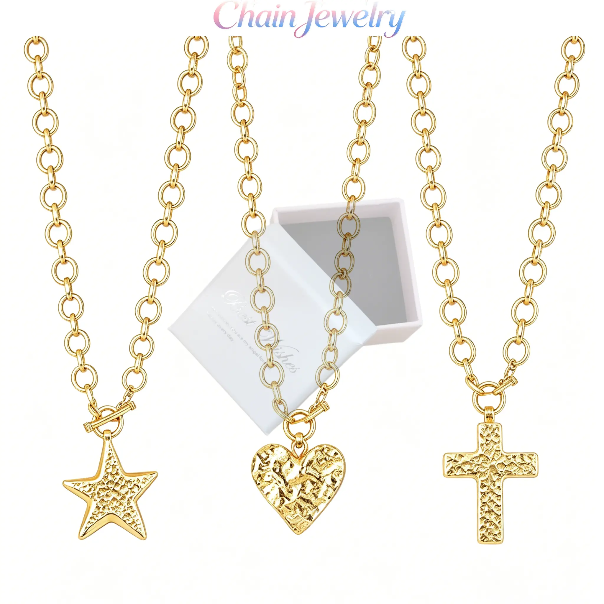 Women's Star Cross Heart Pendant Alloy Necklace Set, Chunky Gold Chain with Toggle Clasp, Fashionable Jewelry Accessories for Daily Wear, Party Gifts