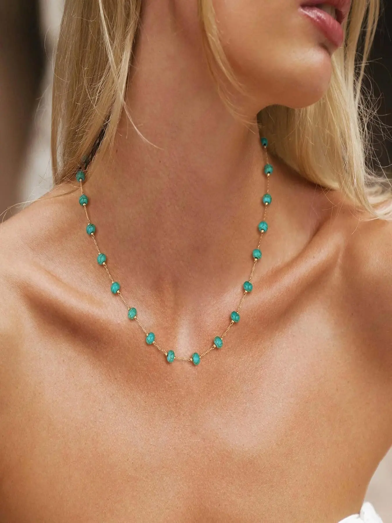 Created Turquoise Necklace for Women 14K Gold Plated Beaded Heart Choker Boho Necklaces Handmade Beach Summer Everyday Western Jewelry Gifts, Heart Shaped Necklace, Fashion Necklace