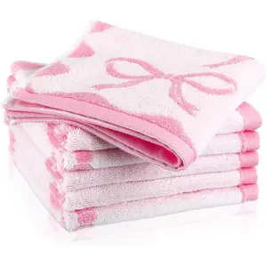 6 Pcs Pink Bow Washcloths 100% Cotton Wash Cloths 13" x 13" Coquette Small Face Towels Absorbent Soft Preppy Wash Cloths & Hand Bath Towels for Bathroom, Spa, Kitchen Drying Cleaning